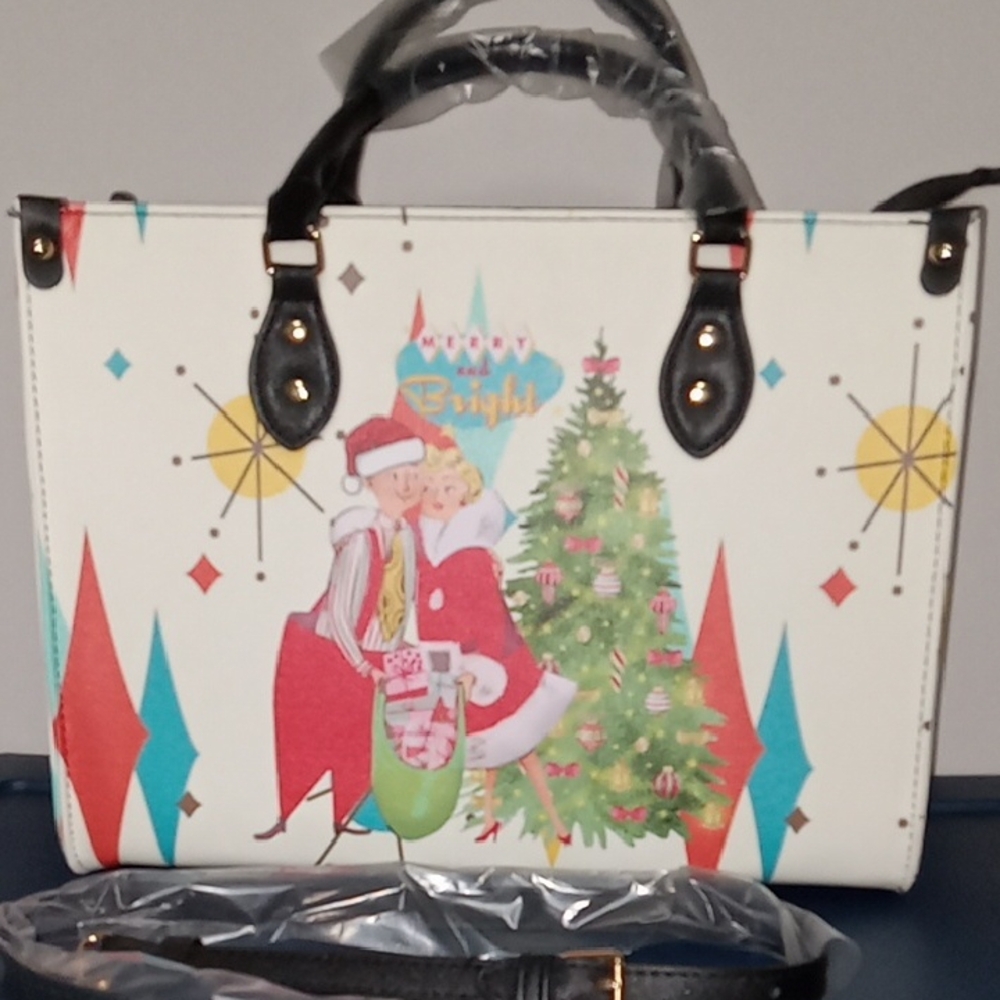 Festive White Tote Bag with Black Handles